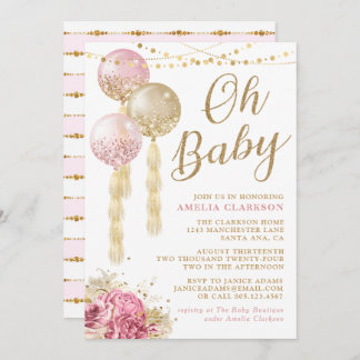 Oh Baby Gold & Pink Balloons Baby Shower Invitation