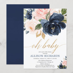 Oh baby gold pink navy floral girl baby shower invitation