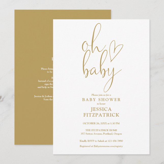 Oh Baby Gold Script All In One Baby Shower Invitation (Front/Back)