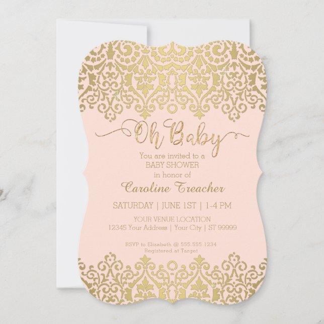 Oh Baby Gold Script Blush Pink Baby Girl Shower  Invitation (Front)