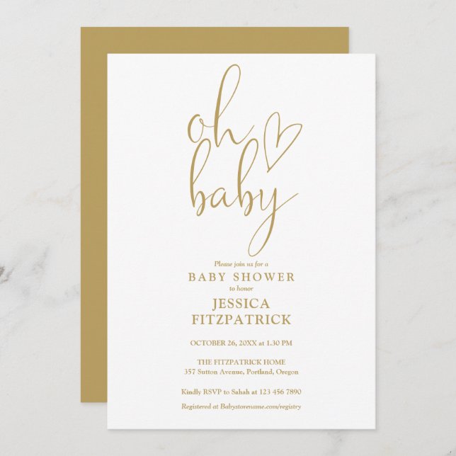 Oh Baby Gold Script Heart Baby Shower Invitation (Front/Back)