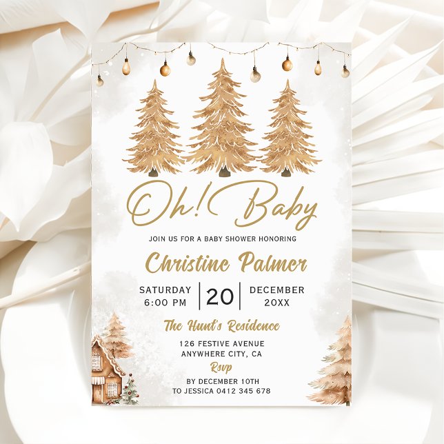 Oh Baby! Gold Tree Christmas Baby Shower Party Invitation (Creator Uploaded)