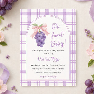 Oh Baby Grape Bow Purple Plaid Girl Baby Shower Invitation
