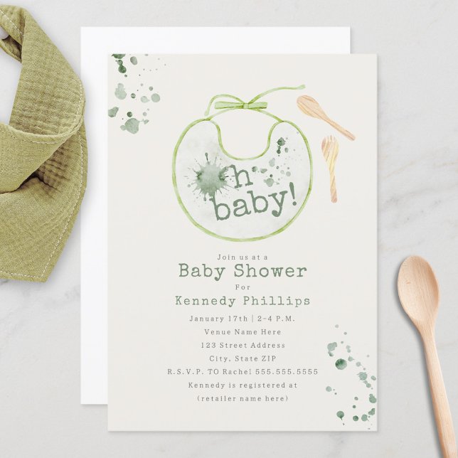 Oh Baby Green Bib Babyfood Neutral Baby Shower Invitation (Creator Uploaded)
