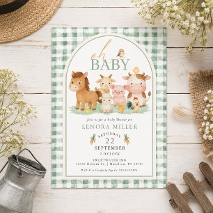 Oh Baby! Green Gingham Farm Animal Baby Shower Invitation