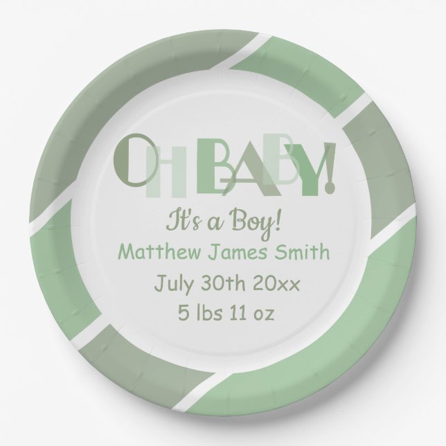 Oh Baby Green Typography Baby Shower Paper Plate (Front)