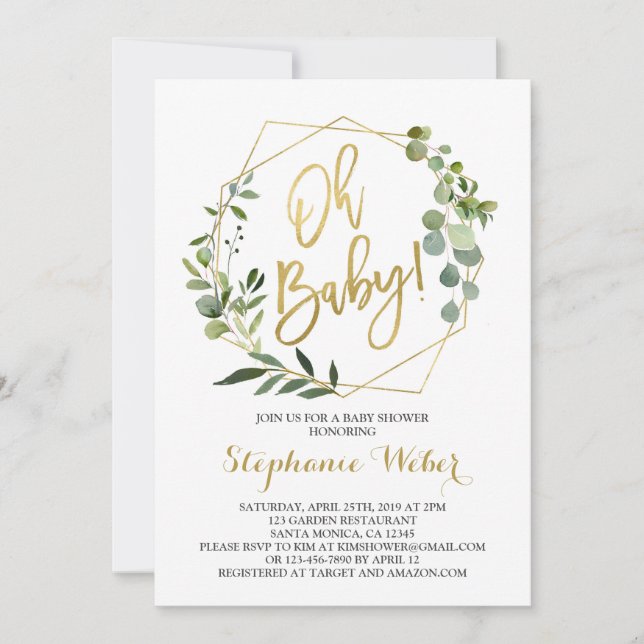 Oh Baby greenery and gold baby shower Invitation (Front)