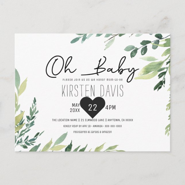 Oh Baby Greenery Baby Shower Gender Neutral Postcard (Front)