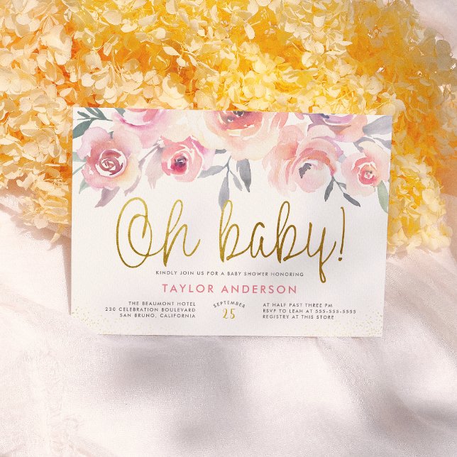 Oh Baby Greenery Blush Pink Roses Girl Baby Shower Invitation (Creator Uploaded)