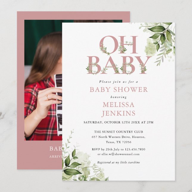 Oh Baby Greenery Dusty Rose Photo Baby Shower Invitation (Front/Back)