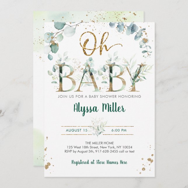 Oh Baby Greenery Eucalyptus Baby Shower Invitation (Front/Back)