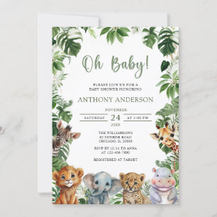 Oh Baby Greenery Jungle Safari Animals Baby Shower Invitation