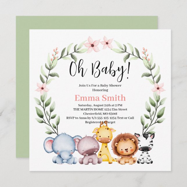 Oh Baby Greenery Jungle Safari Animals Baby Shower Invitation (Front/Back)