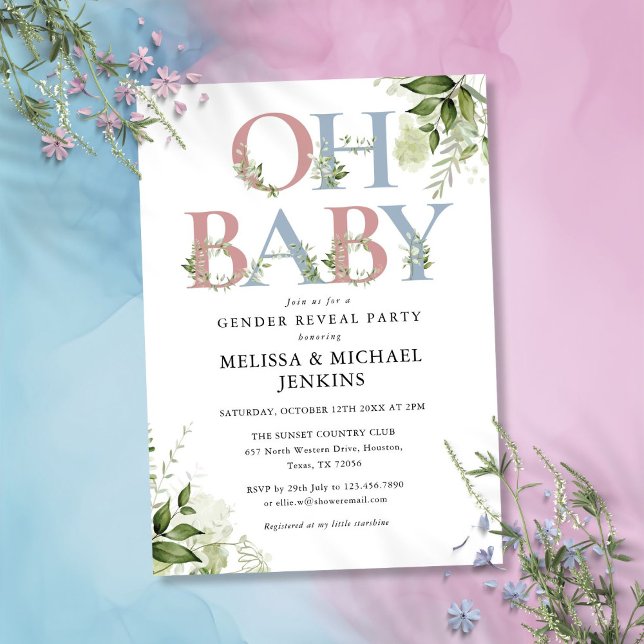 Oh Baby Greenery Letter Gender Reveal Party Invitation (Oh Baby Greenery Letter Gender Reveal Party Invitation)