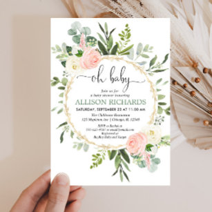Oh baby greenery pink gold floral girl baby shower invitation
