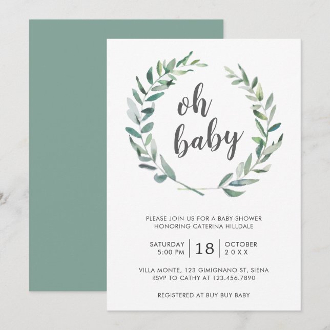 Oh Baby Greenery Wreath Gender Neutral Baby Shower Invitation (Front/Back)