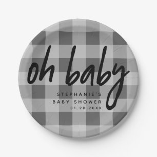 Oh Baby   Grey Gingham Baby Shower Paper Plate