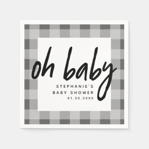 Oh Baby   Grey Gingham Unisex Baby Shower Napkin