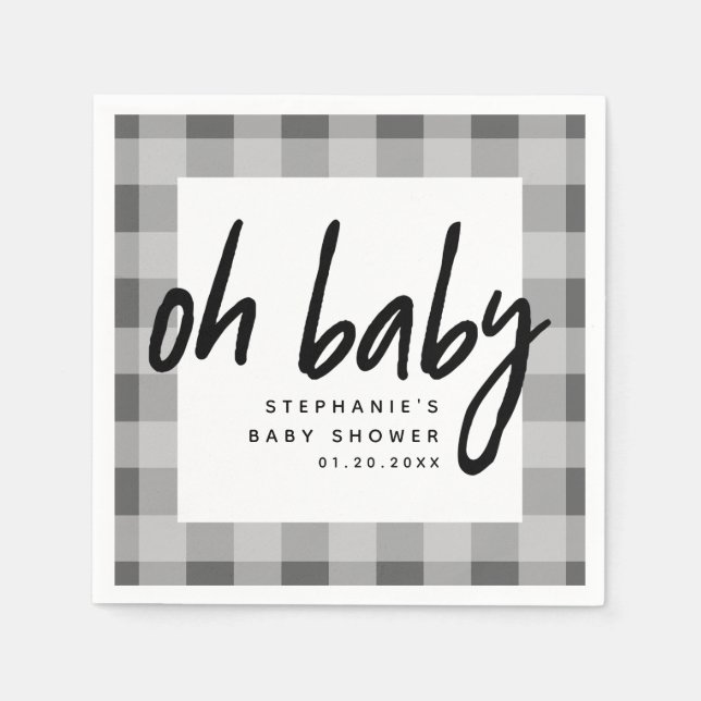 Oh Baby | Grey Gingham Unisex Baby Shower Napkin (Front)