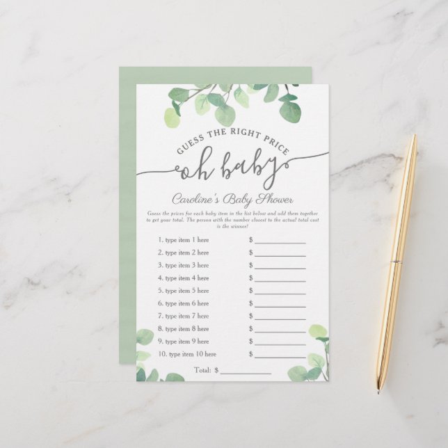 Oh Baby Guess Price Greenery Baby Shower Game (Front/Back In Situ)