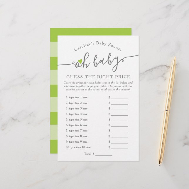 Oh Baby Guess Right Price Green Baby Shower Game (Front/Back In Situ)