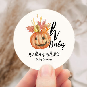 Oh Baby! Halloween Fall Pumpkin Leaf Baby Shower Classic Round Sticker