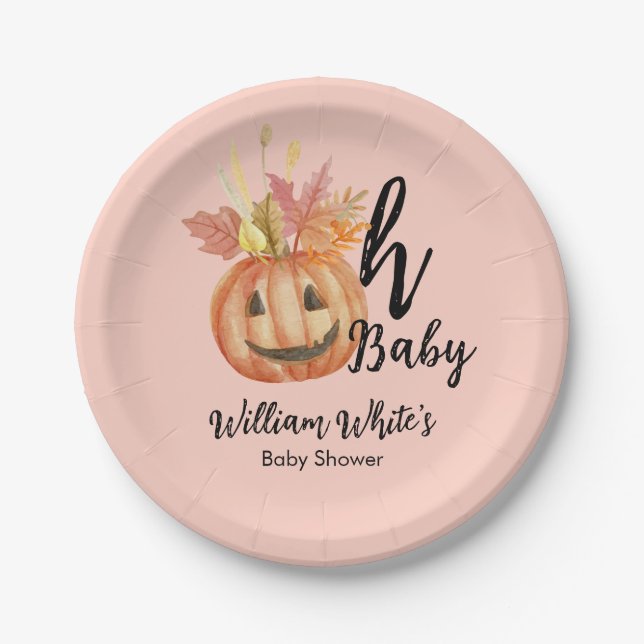 Oh Baby! Halloween Fall Pumpkin Leave Baby Shower Paper Plate (Front)