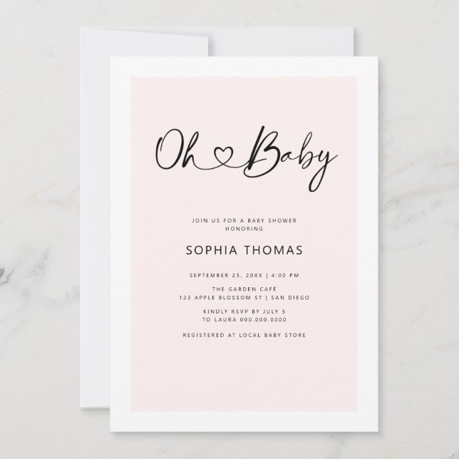 Oh Baby Heart Font Minimal Soft Pink Baby Shower Invitation (Front)