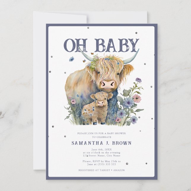 Oh Baby Highland Cow Elegant Baby Shower Invitation (Front)