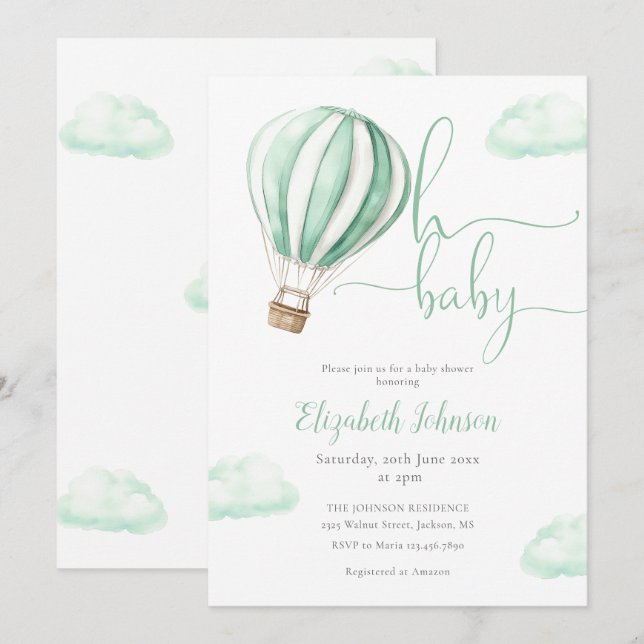 Oh Baby Hot Air Balloon Neutral Baby Shower Invitation (Front/Back)