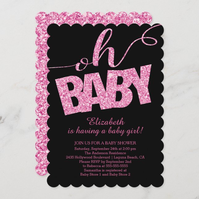 Oh Baby!  Hot Pink Glitter  Baby Shower Invitation (Front/Back)