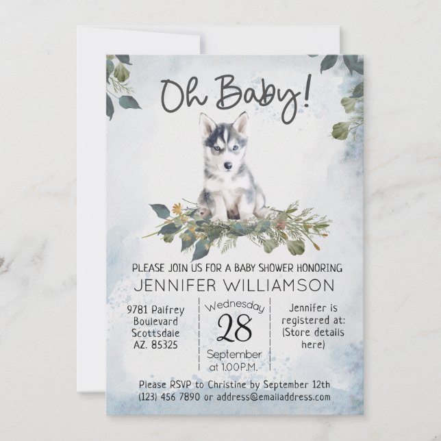 Oh Baby! Husky Watercolor Dog Baby Shower  Invitation (Front)