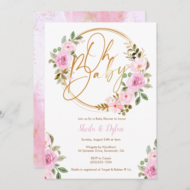 Oh Baby Invitation, Floral Baby Shower Invitation (Front/Back)