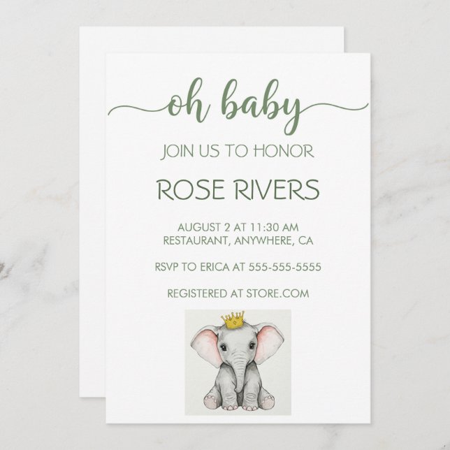 OH BABY INVITATION WITH BABY ELEPHANT WITH A CROWN (Front/Back)