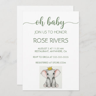 OH BABY INVITATION WITH BABY ELEPHANT WITH A CROWN