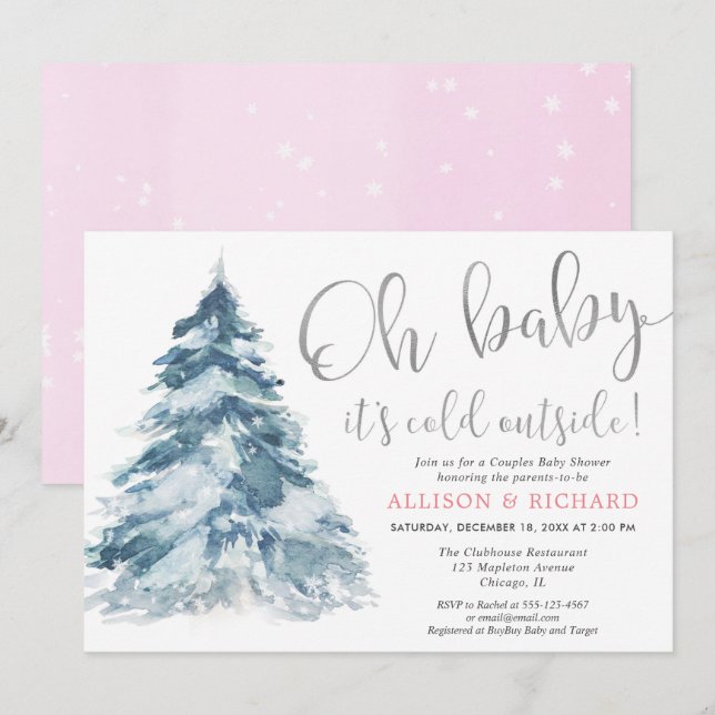 Oh Baby it's cold outside Couples girl silver pink Invitation (Front/Back)