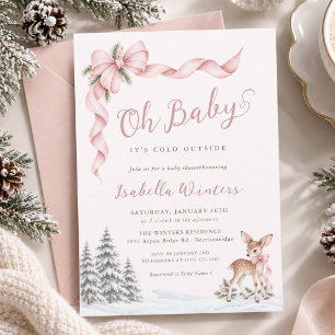 Oh Baby Its Cold Outside Pink Bow Baby Girl Shower Invitation