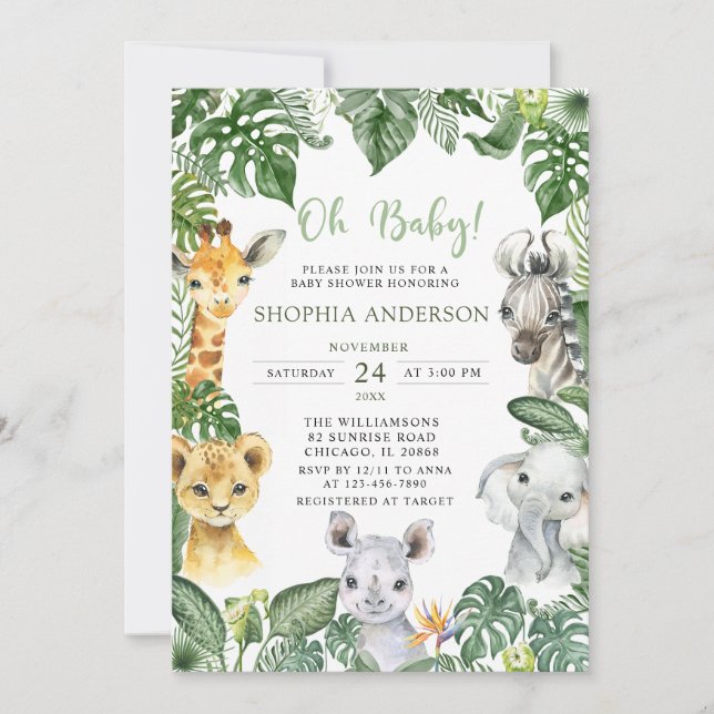 Oh Baby Jungle Safari Animals Baby Shower Invitation (Front)