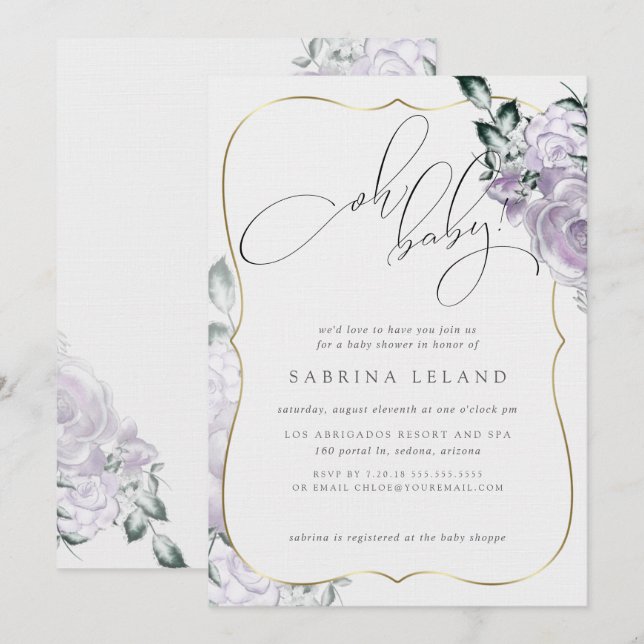 Oh Baby Lavender Floral Rose Chic Baby Shower Invitation (Front/Back)