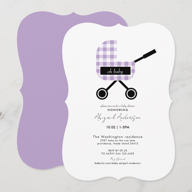 Oh Baby Lavender Gingham Pram Baby Shower Bracket Invitation (Front/Back)