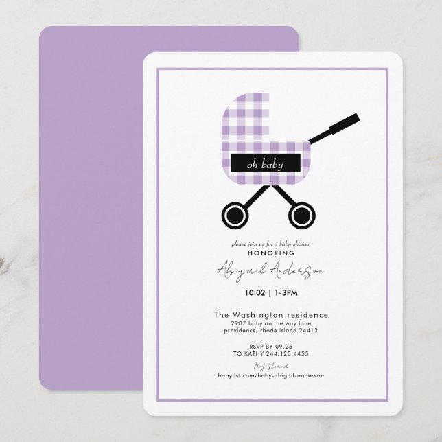 Oh Baby Lavender Gingham Pram Baby Shower Rounded Invitation (Front/Back)