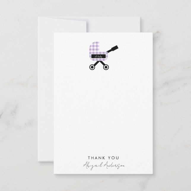 Oh Baby Lavender Gingham Pram Baby Shower  Thank You Card (Front)