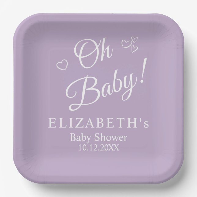 "Oh Baby" Lavender Modern Minimalist Baby Shower Paper Plate (Front)