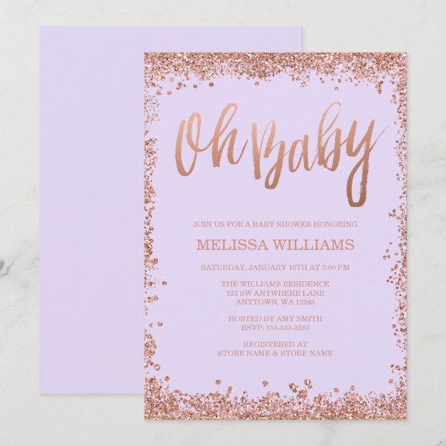 Oh Baby Lilac Faux Rose Gold Glitter Baby Shower Invitation (Front/Back)