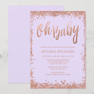 Oh Baby Lilac Faux Rose Gold Glitter Baby Shower Invitation
