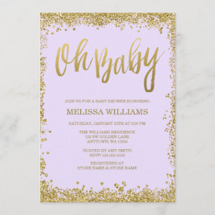 Oh Baby Lilac Purple Gold Glitter Baby Shower Invitation