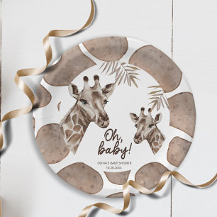Oh Baby Mama and Baby Giraffe Neutral Baby Shower Paper Plate
