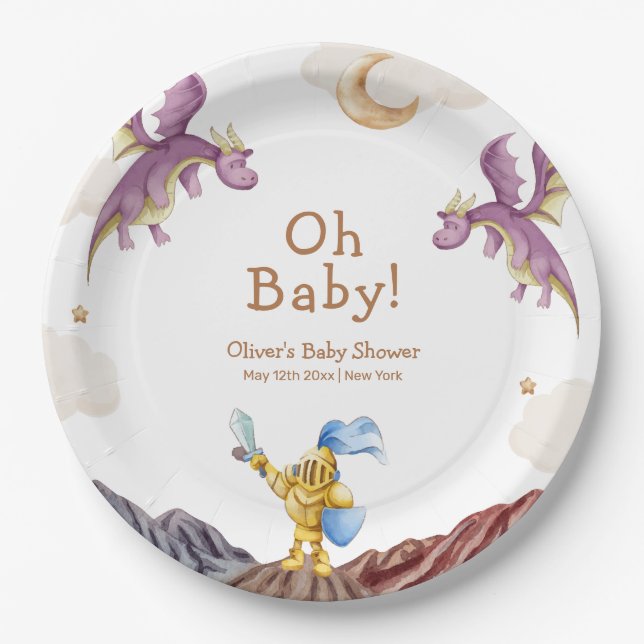 Oh Baby Mediaeval Fairytale Dragon Boy Baby Shower Paper Plate (Front)