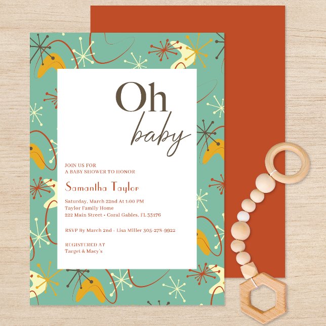 “Oh Baby” Mid-Century Modern Baby Shower  Invitation (Oh Baby Mid Century Modern Baby Shower Invite)