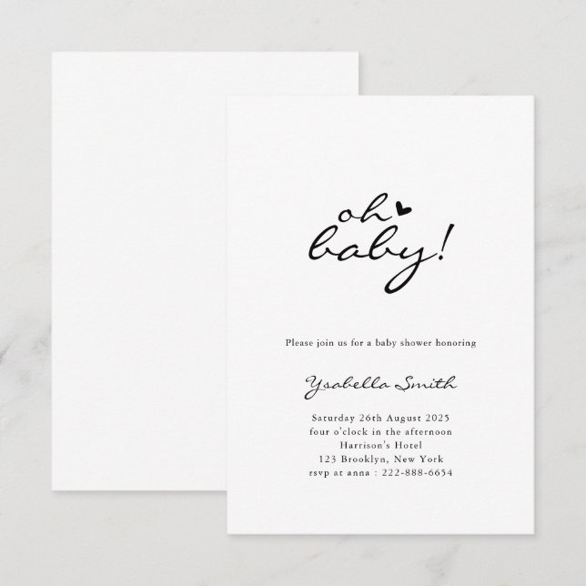 Oh Baby! Minimal Heart Script Baby Shower  Invitation (Front/Back)